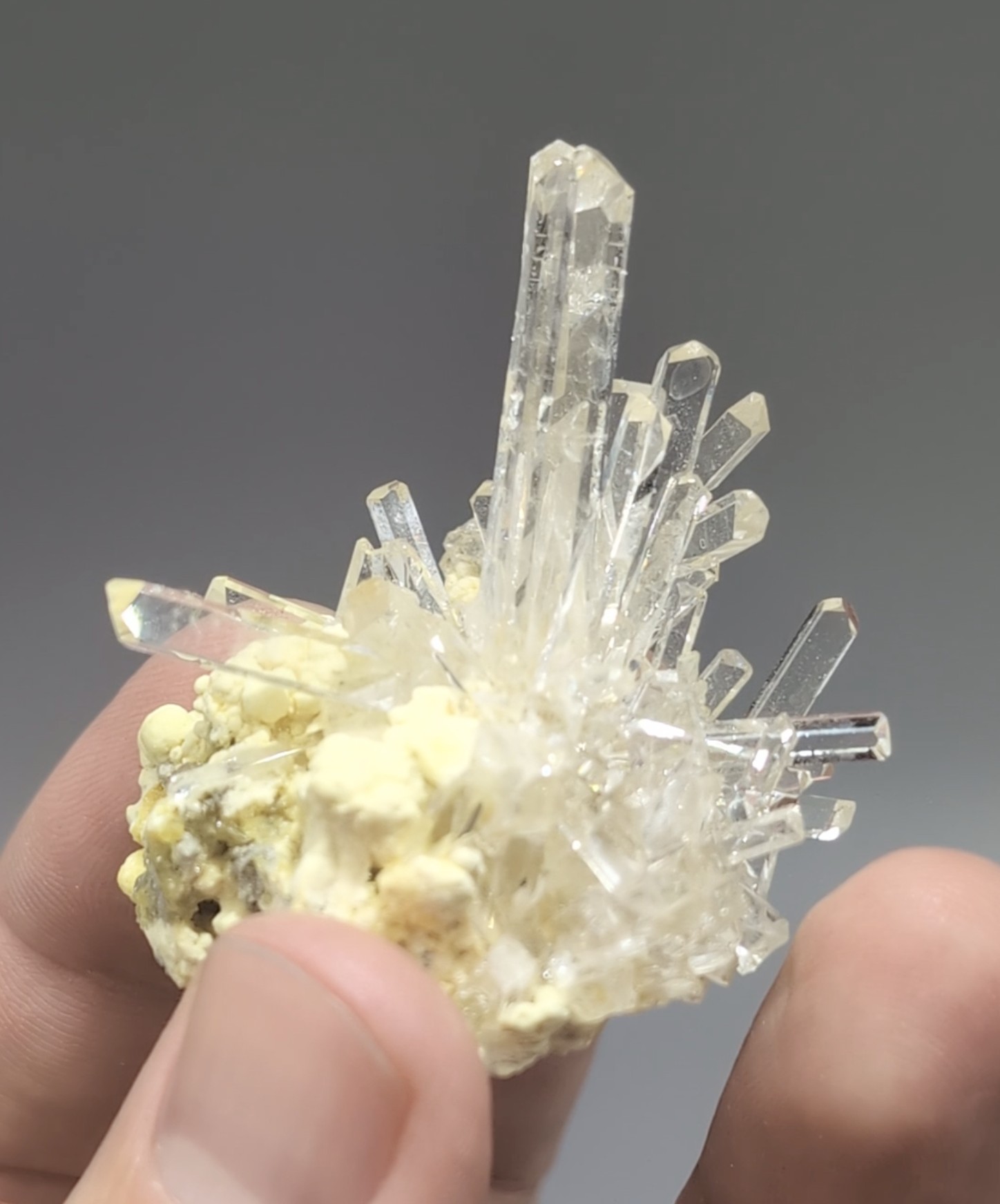 Celestine - Water-Clear Radiating Cluster on Native Sulphur, Machów Mine, Poland